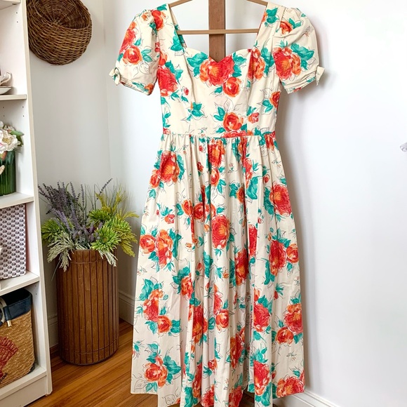 Laura Ashley Dresses & Skirts - Laura Ashley Cream Floral Midi Dress with Red & Teal Flowers
